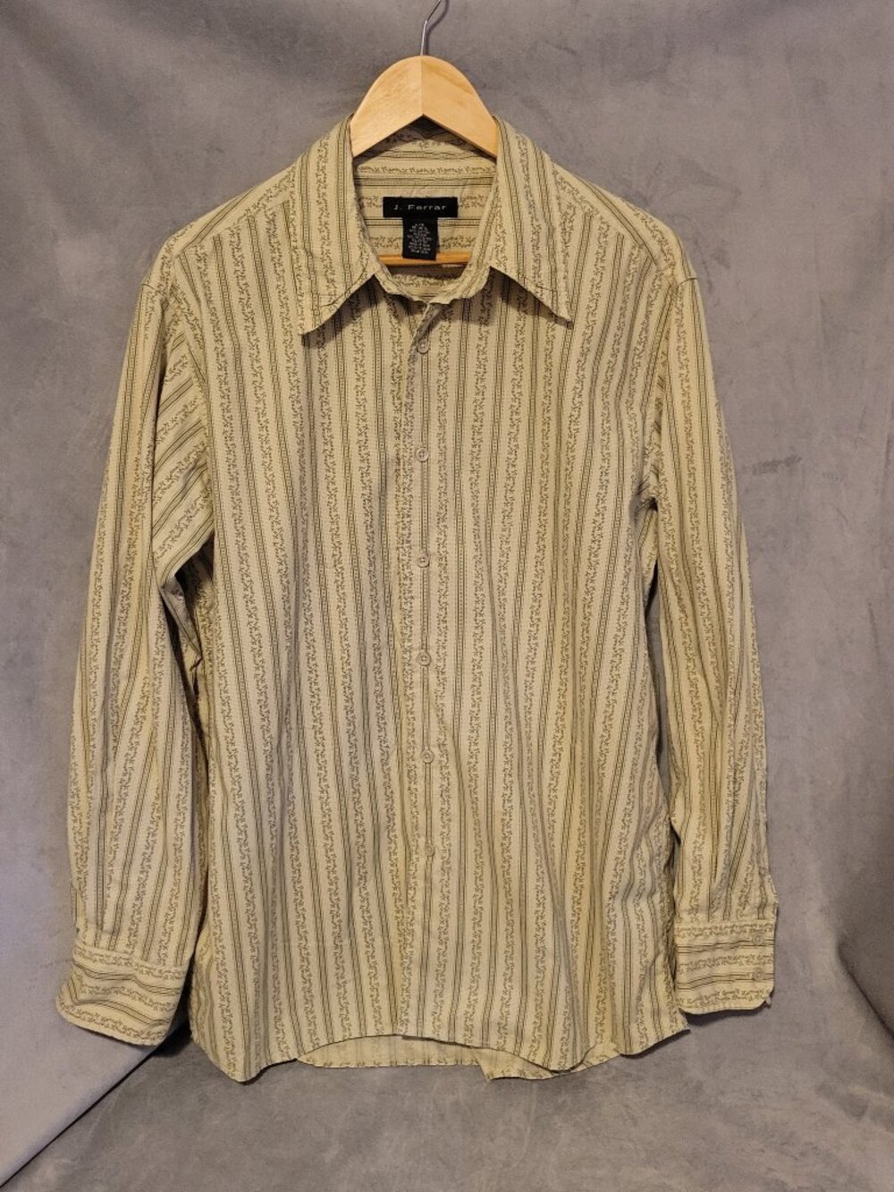 J. Ferrar Men's Striped Beige Olive Cotton Blend Button-UP Long Sleeve Shirt L